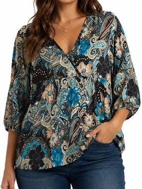 Fylo by Nylon Peplum Top Womens Size Medium Multicolor Floral Plunge V-Neck